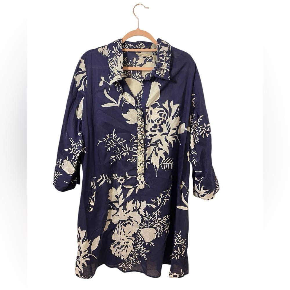 Soft Surroundings beaded tunic cotton blue white leaf print embellished 1X - Picture 2 of 12